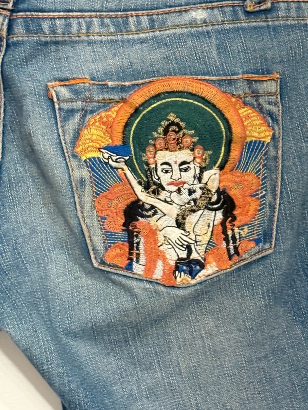 Joy Jean Distressed Denim Shorts w/ Embroidered Hindu Goddess Pocket Art Size L